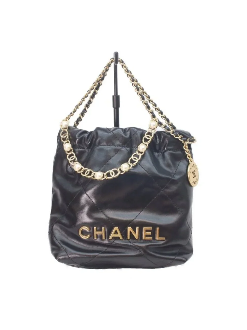 Chanel Black Shiny Calf 22 Mini Pearl Chain Shoulder Bag